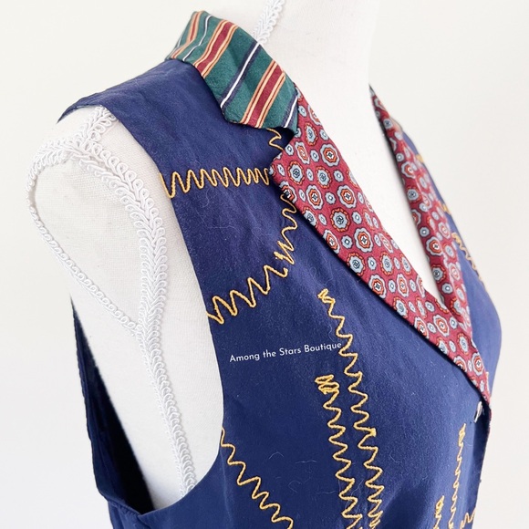 Extremely Rare 90s Vintage Mixed Print Navy Vest ASO Phoebe Buffay in Friends - Picture 10 of 13